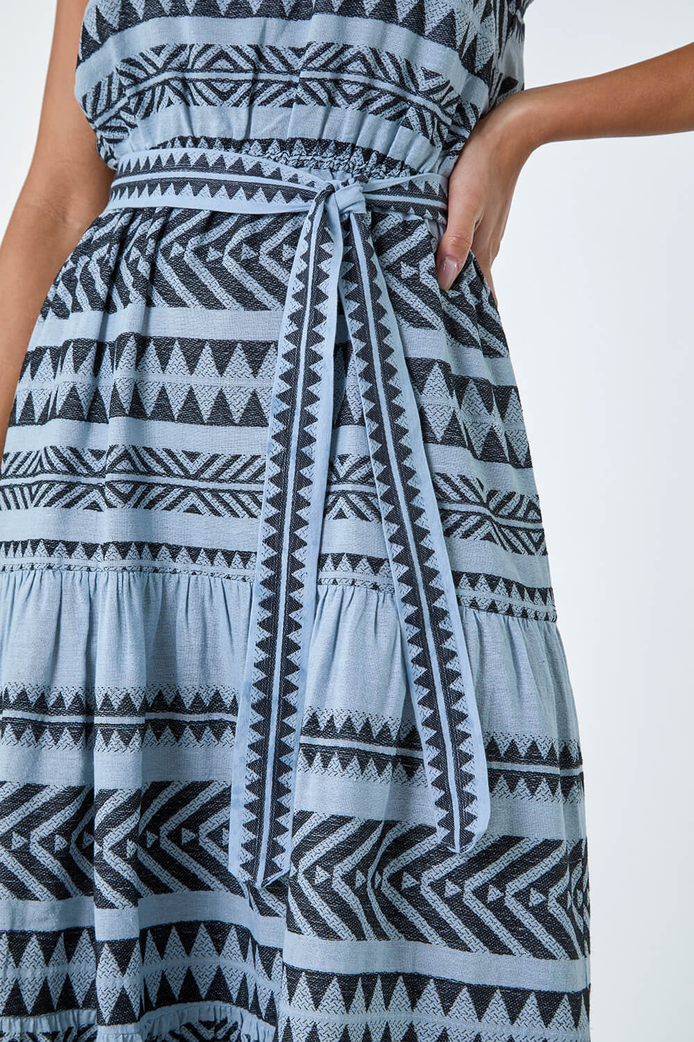 Light Blue  Aztec Cotton Tiered Midi Dress, Image 5 of 5