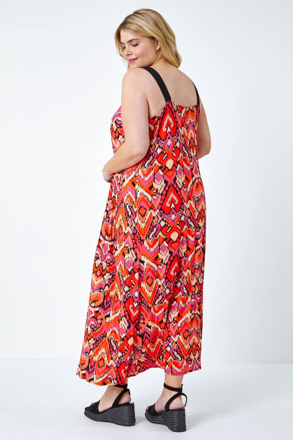 ORANGE Curve Contrast Print Stretch Midi Dress, Image 3 of 5