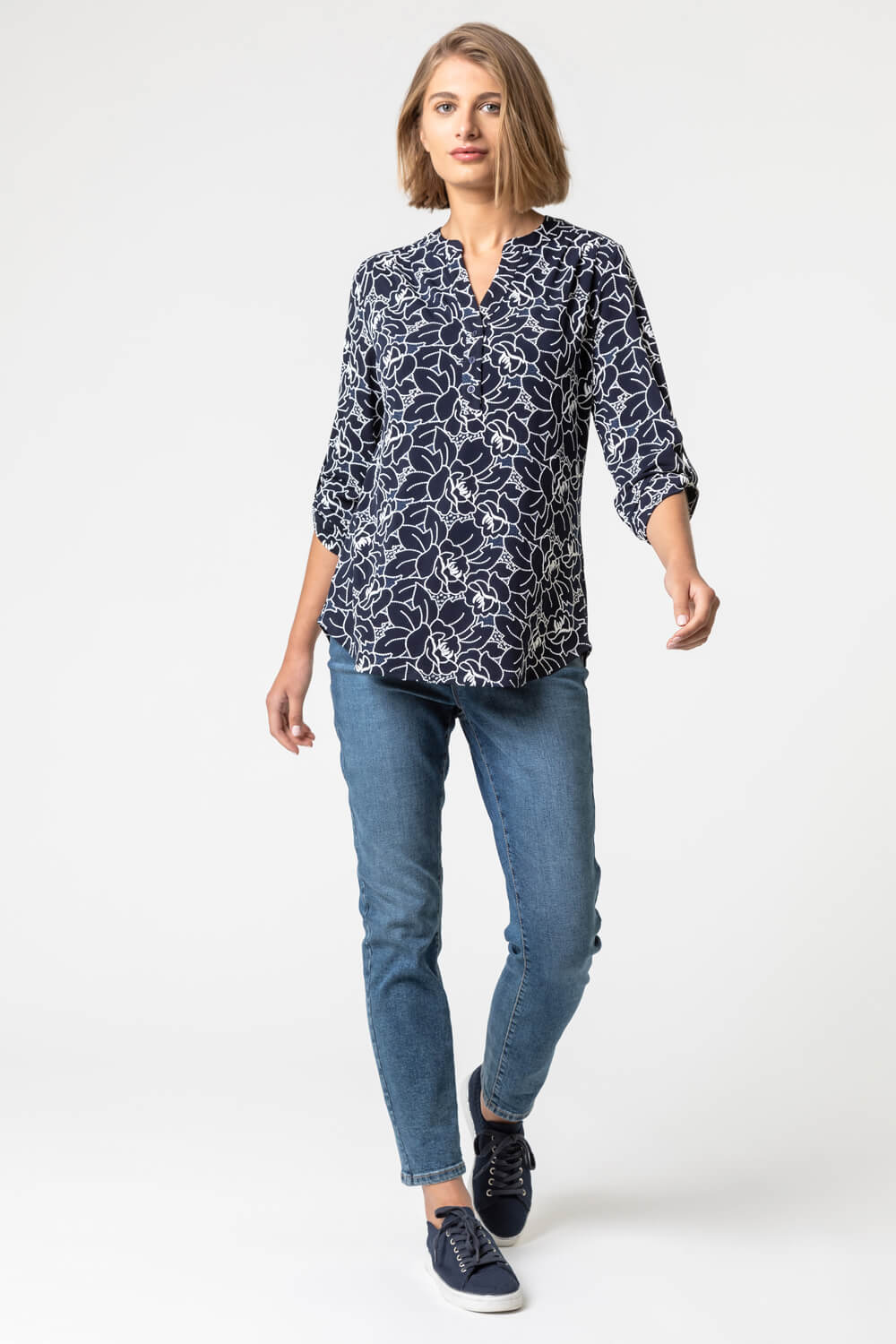 Navy  Linear Floral Puff Print Notch Neck Top, Image 3 of 4