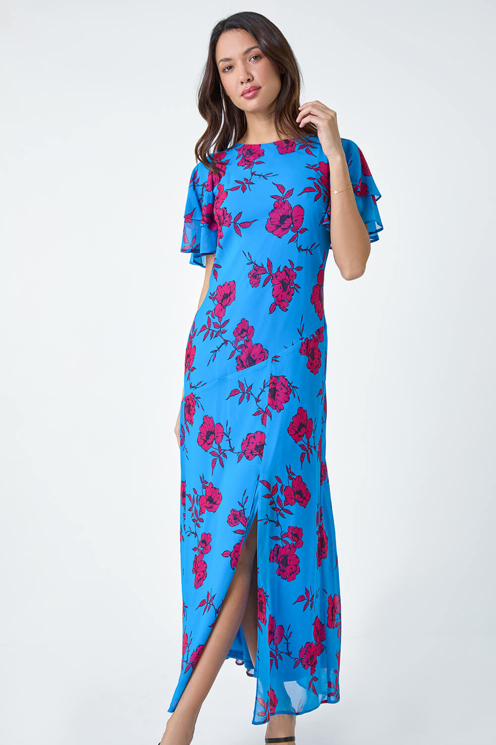 Blue Floral Tiered Sleeve Maxi Dress, Image 4 of 6
