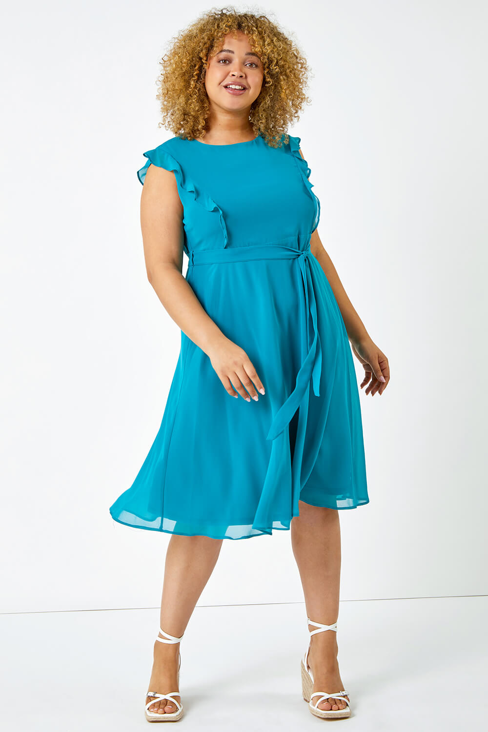 Teal Curve Frill Detail Belted Dress, Image 4 of 5