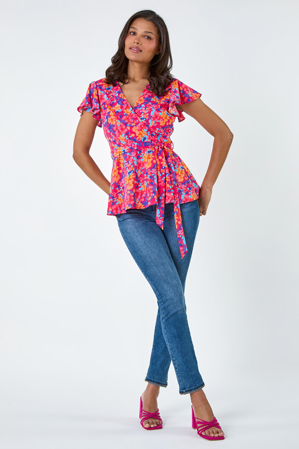 PINK Floral Print Frill Detail Top, Image 2 of 5