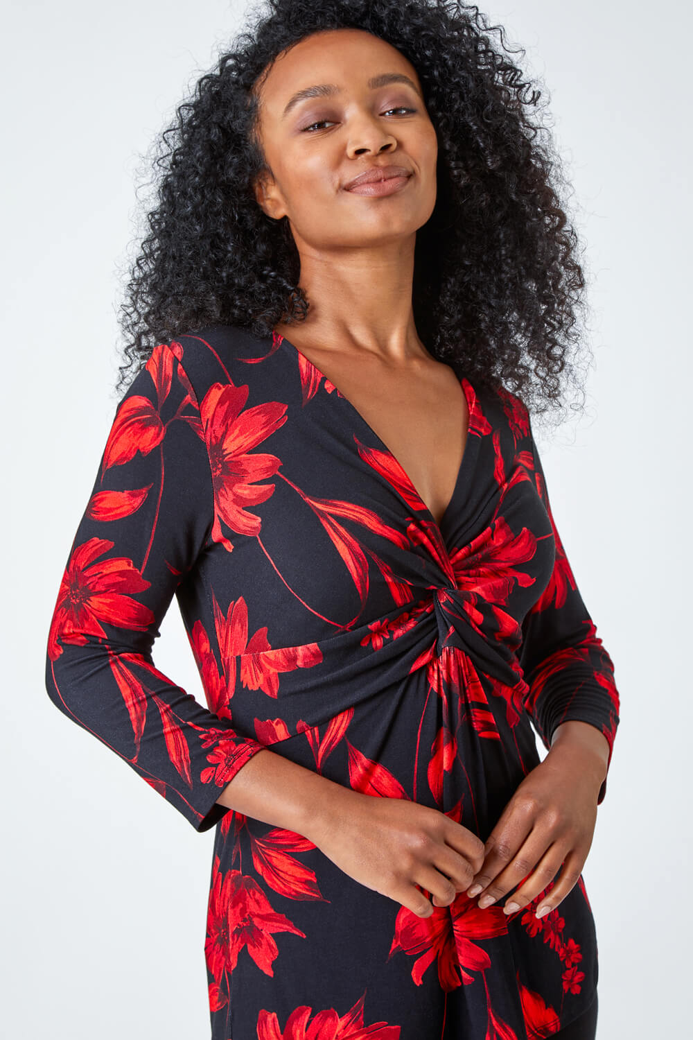 Red Petite Floral Knot Front Stretch Top, Image 4 of 5