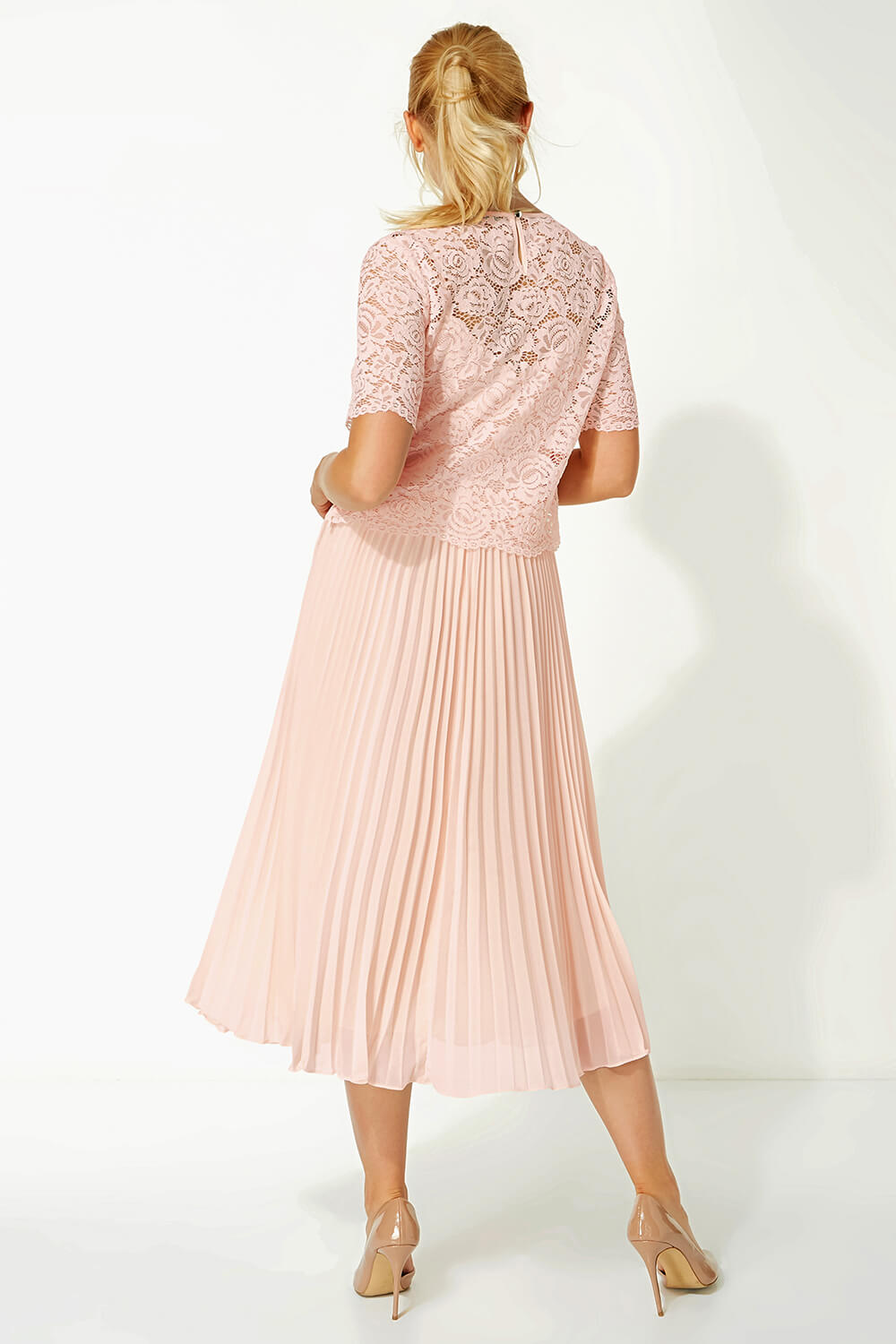 Light Pink Lace Top Overlay Pleated Midi Dress, Image 2 of 5