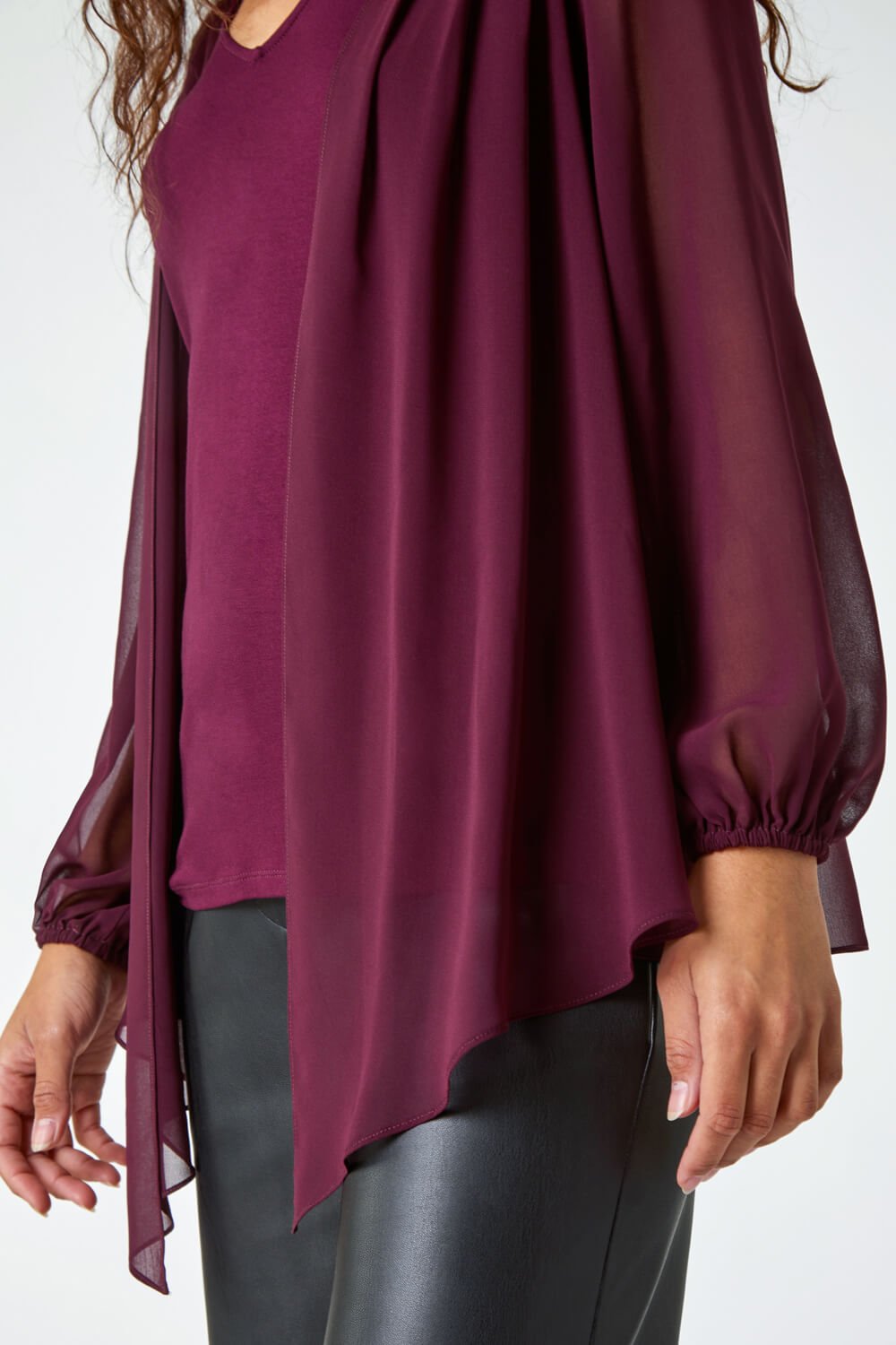 Wine Contrast Chiffon Overlay Stretch Top, Image 5 of 5