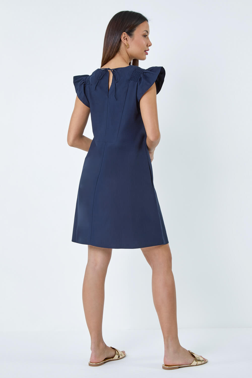 Navy  Plain Cotton Frill Sleeve Pocket Dress, Image 3 of 5