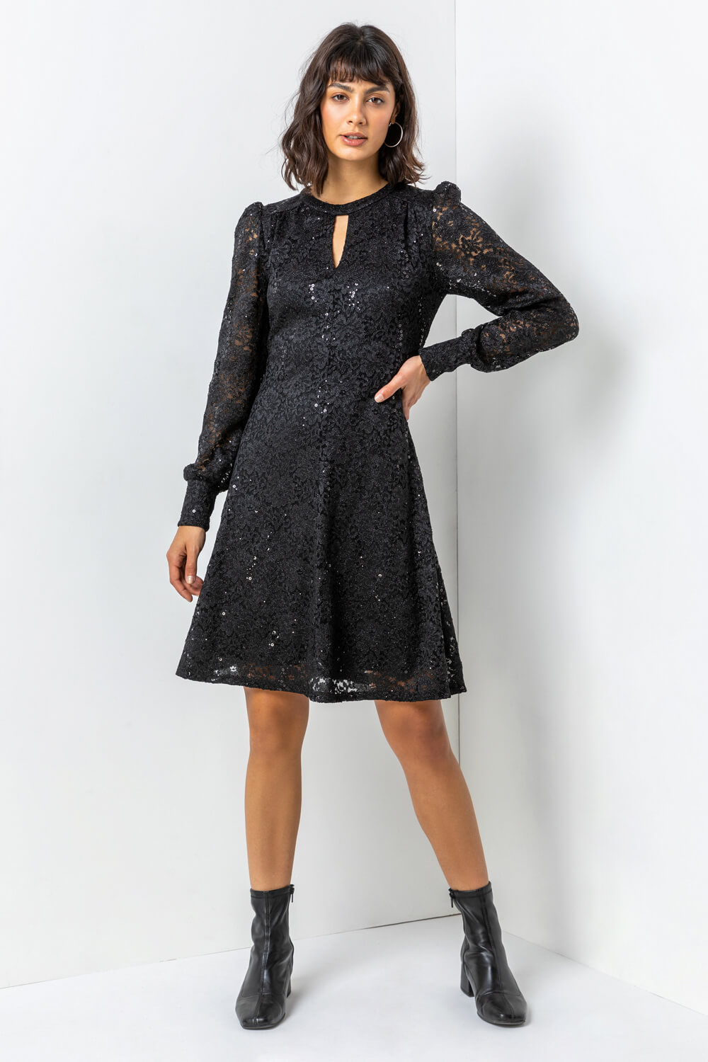 Black Lace Sparkle Swing Dress, Image 3 of 5
