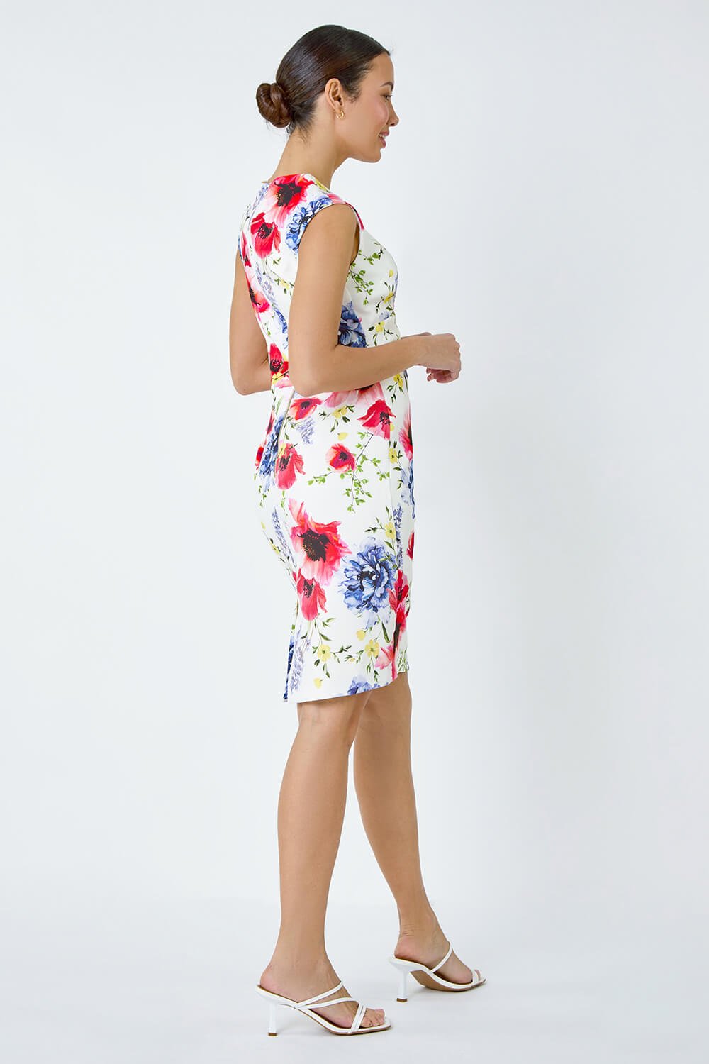 Ivory  Floral Print Ruched Shift Stretch Dress, Image 3 of 5