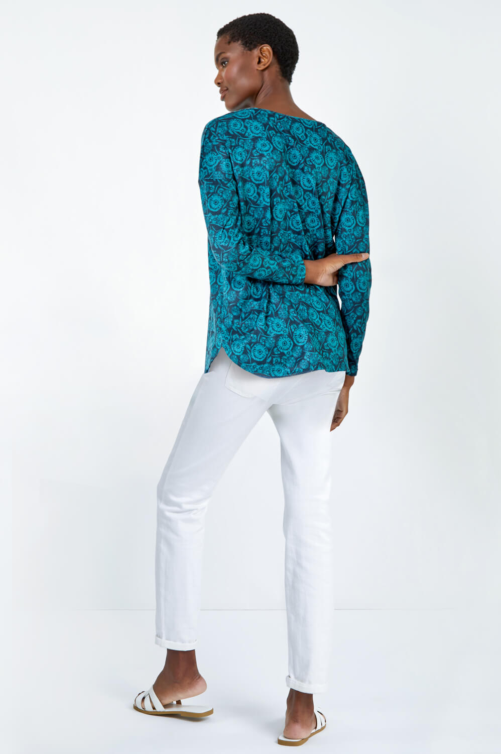 Teal Floral Soft Stretch Jersey Top, Image 3 of 5