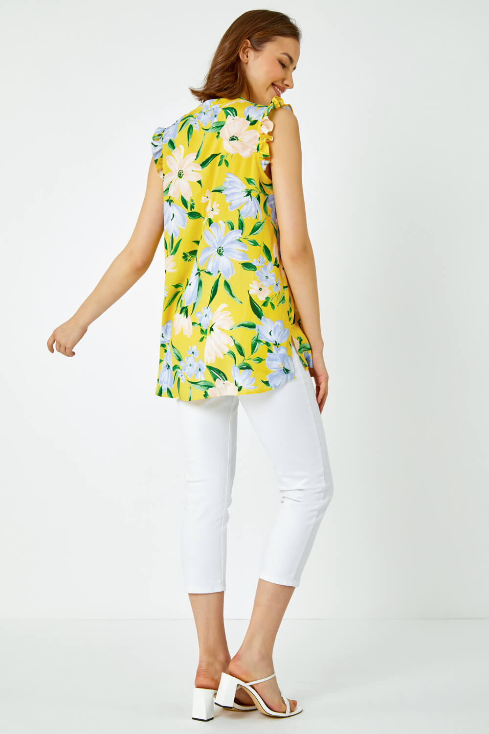 Yellow Floral Print Sleeveless Ruffle Top, Image 3 of 5