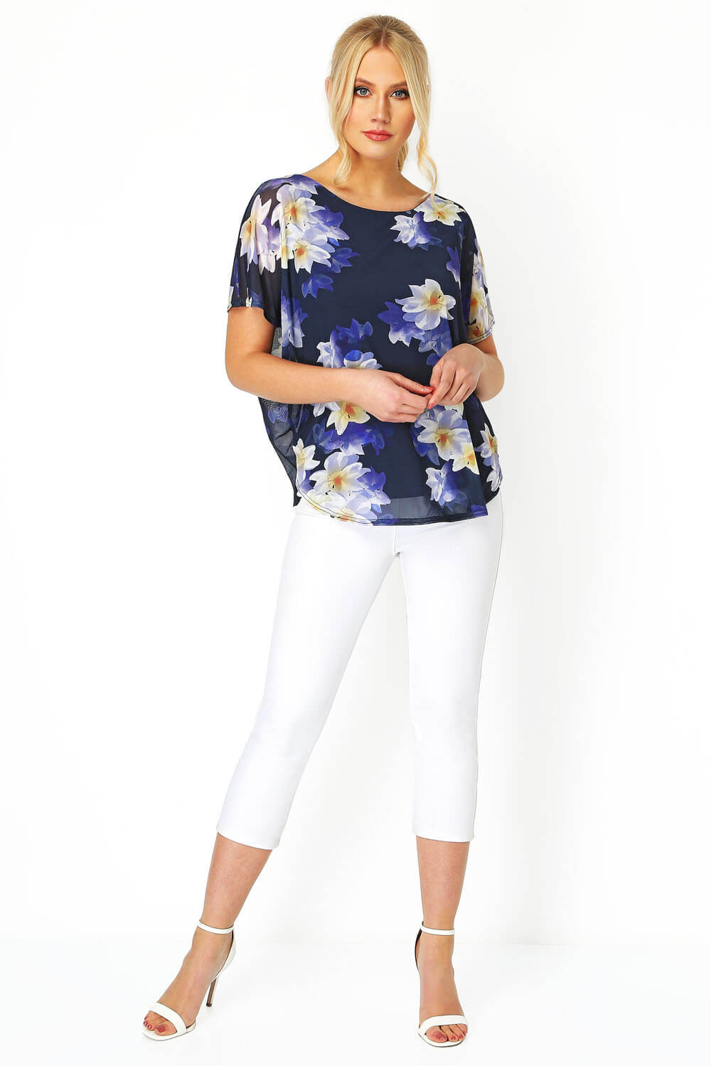 Blue Floral Chiffon Overlay Top, Image 2 of 8