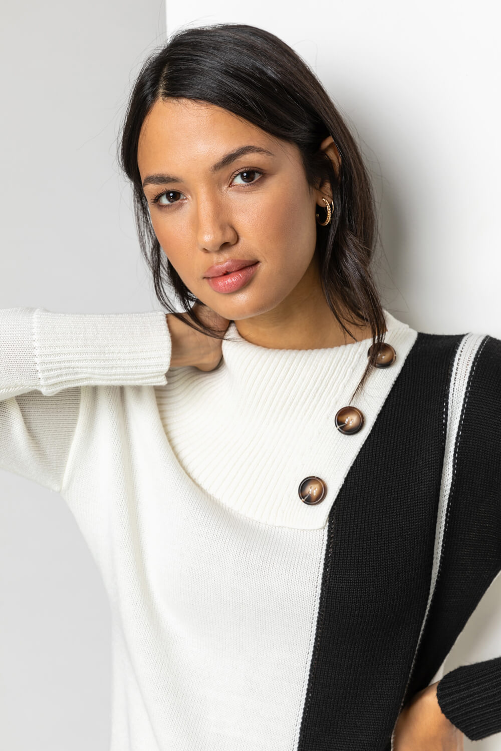 Ivory  Colourblock Cowl Neck Button Jumper, Image 4 of 4