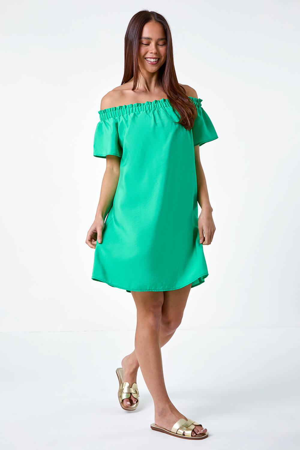 Green Petite Plain Stretch Neck Bardot Dress, Image 2 of 5