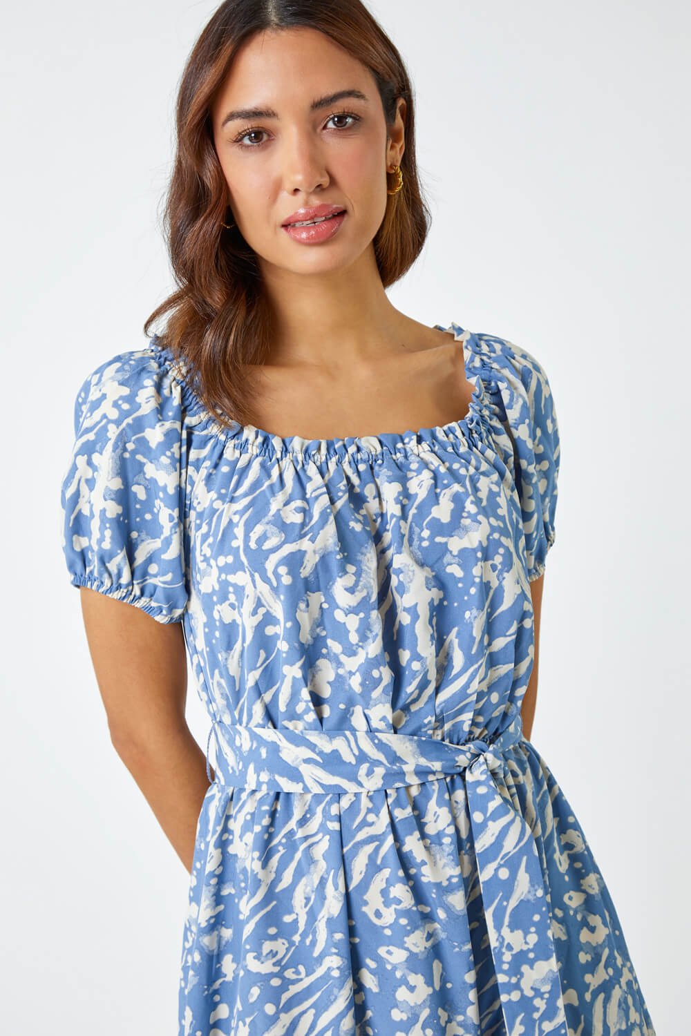 Blue Abstract Print Belted Midi Dress, Image 4 of 5