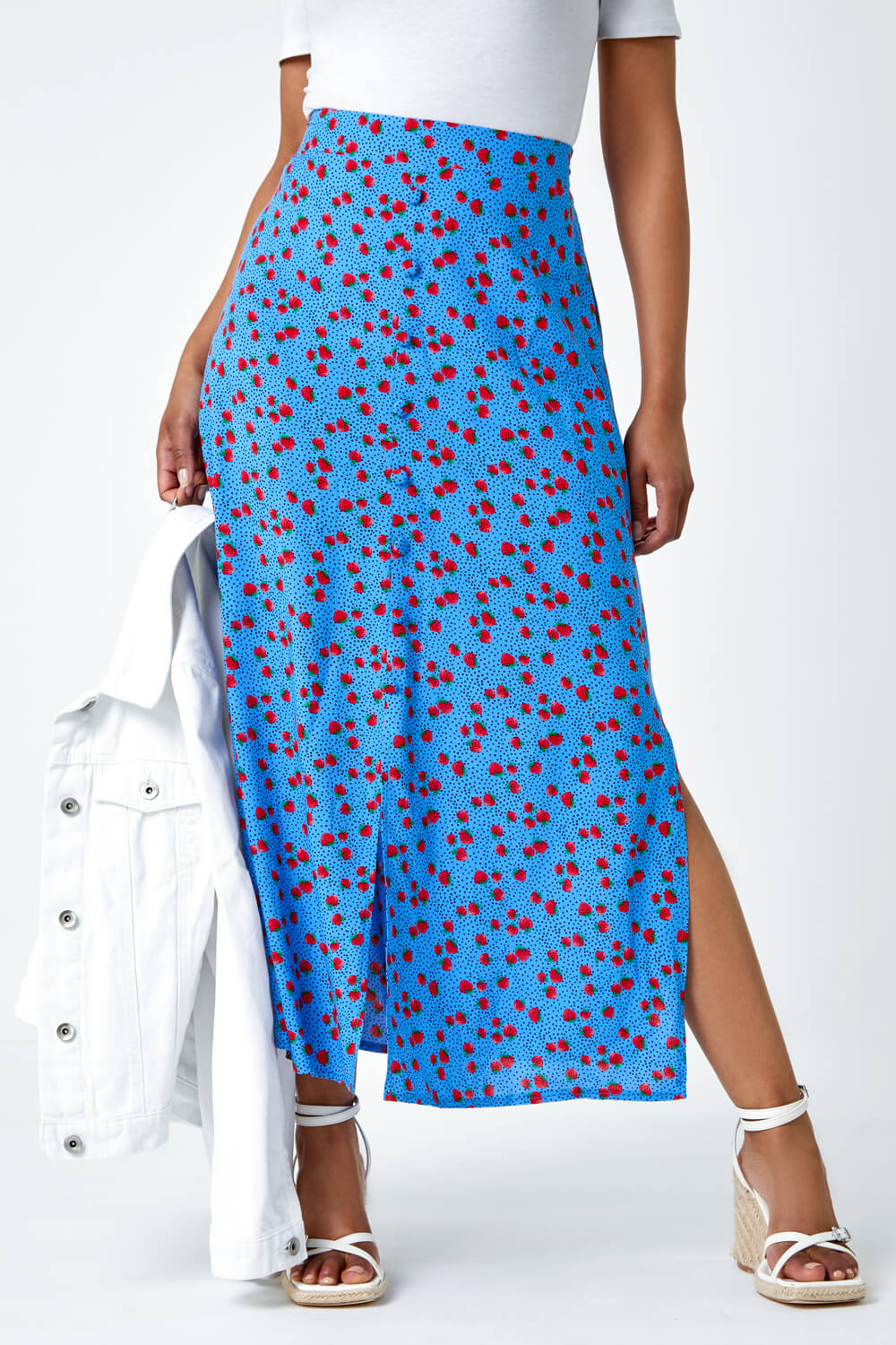 Blue Petite Strawberry Button Stretch Skirt | Roman UK