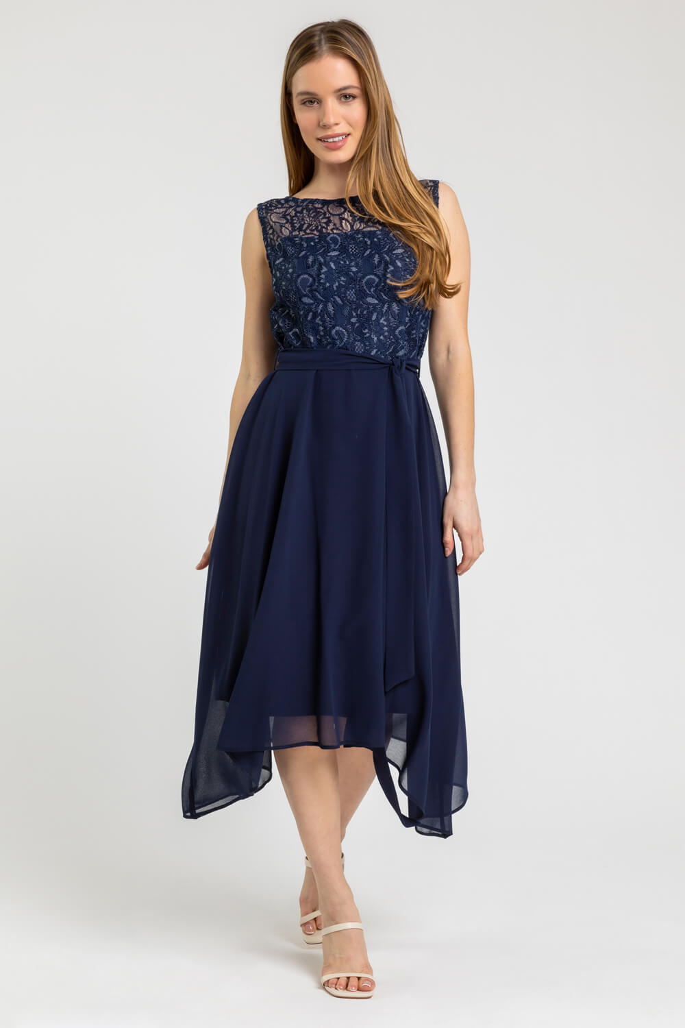 Petite Lace Detail Fit And Flare Dress in Navy | Roman UK