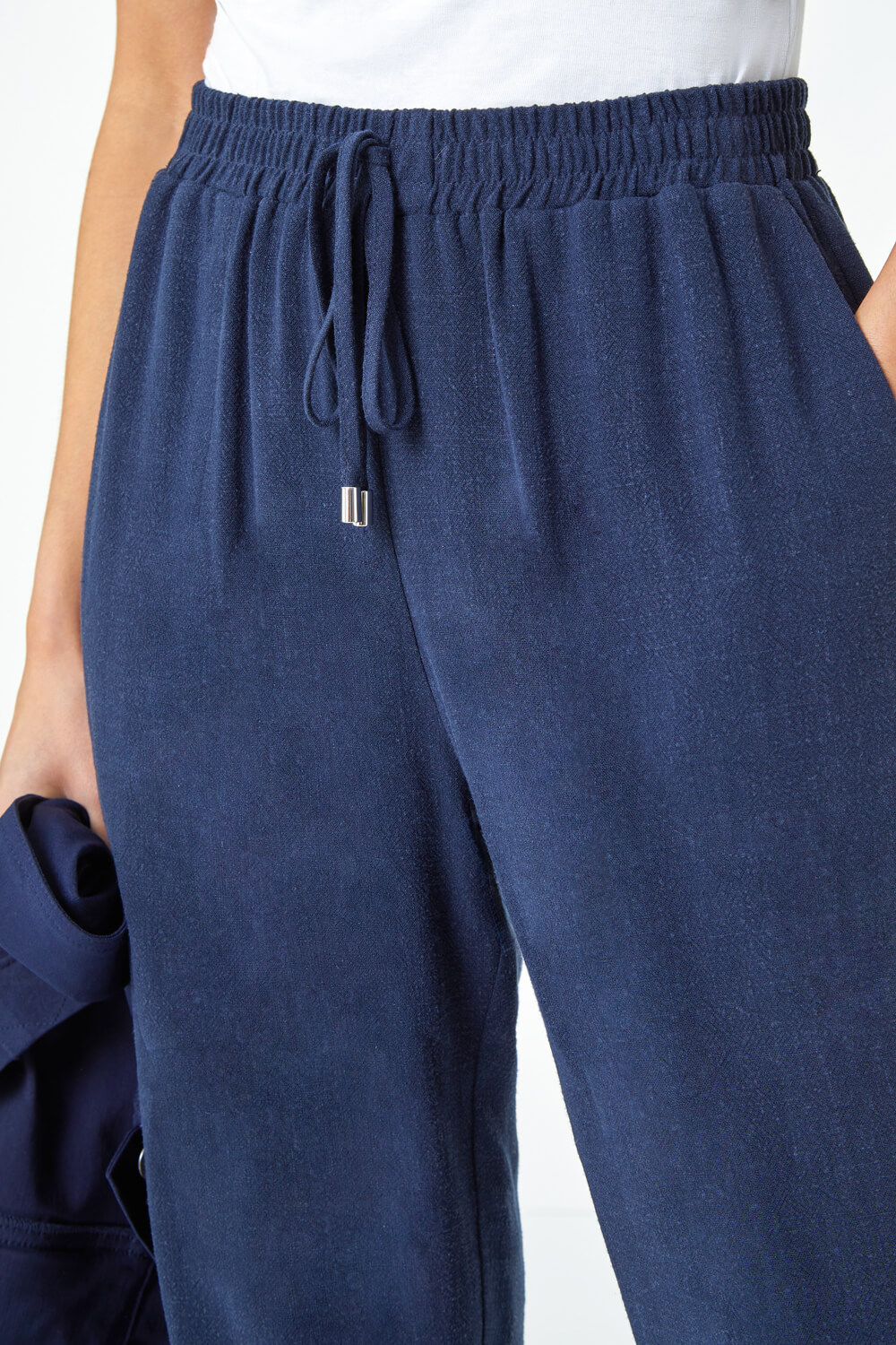 Navy  Petite Linen Mix Trousers, Image 5 of 5