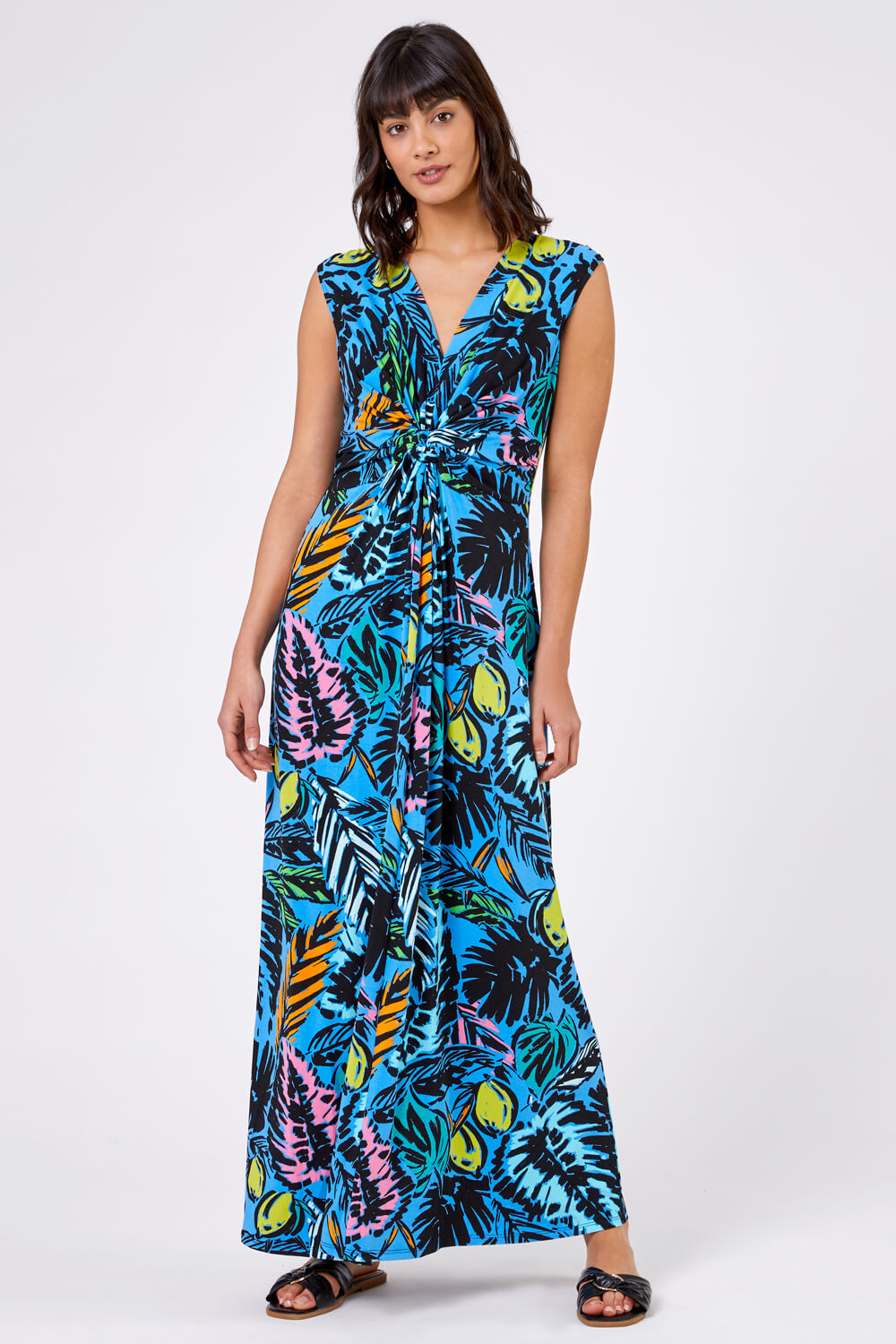 Palm Print Twist Waist Maxi Dress