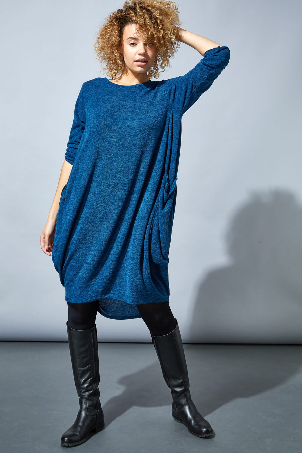 Blue Jersey Slouch Cocoon Dress, Image 2 of 4