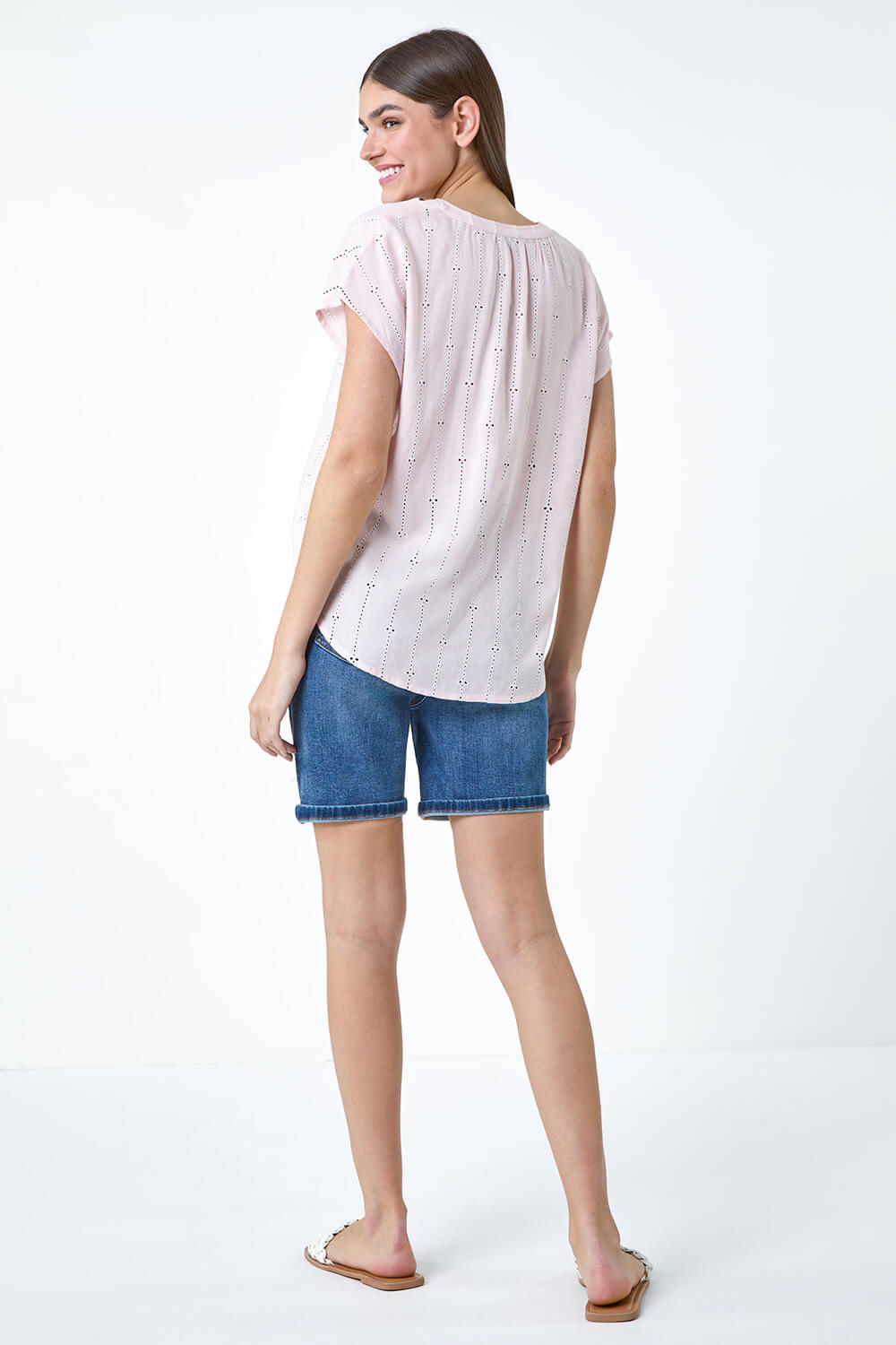 Light Pink Embroidered Stripe Notch Neck Top, Image 3 of 5