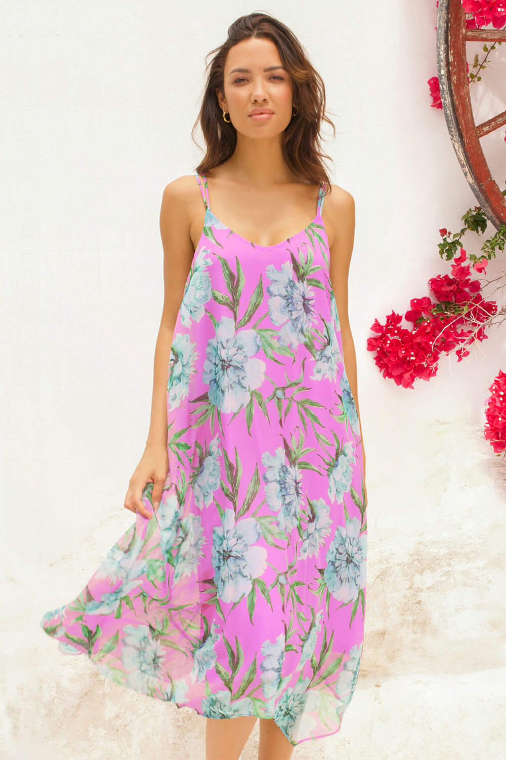 Pink Floral Chiffon Hanky Hem Midi Dress | Roman UK