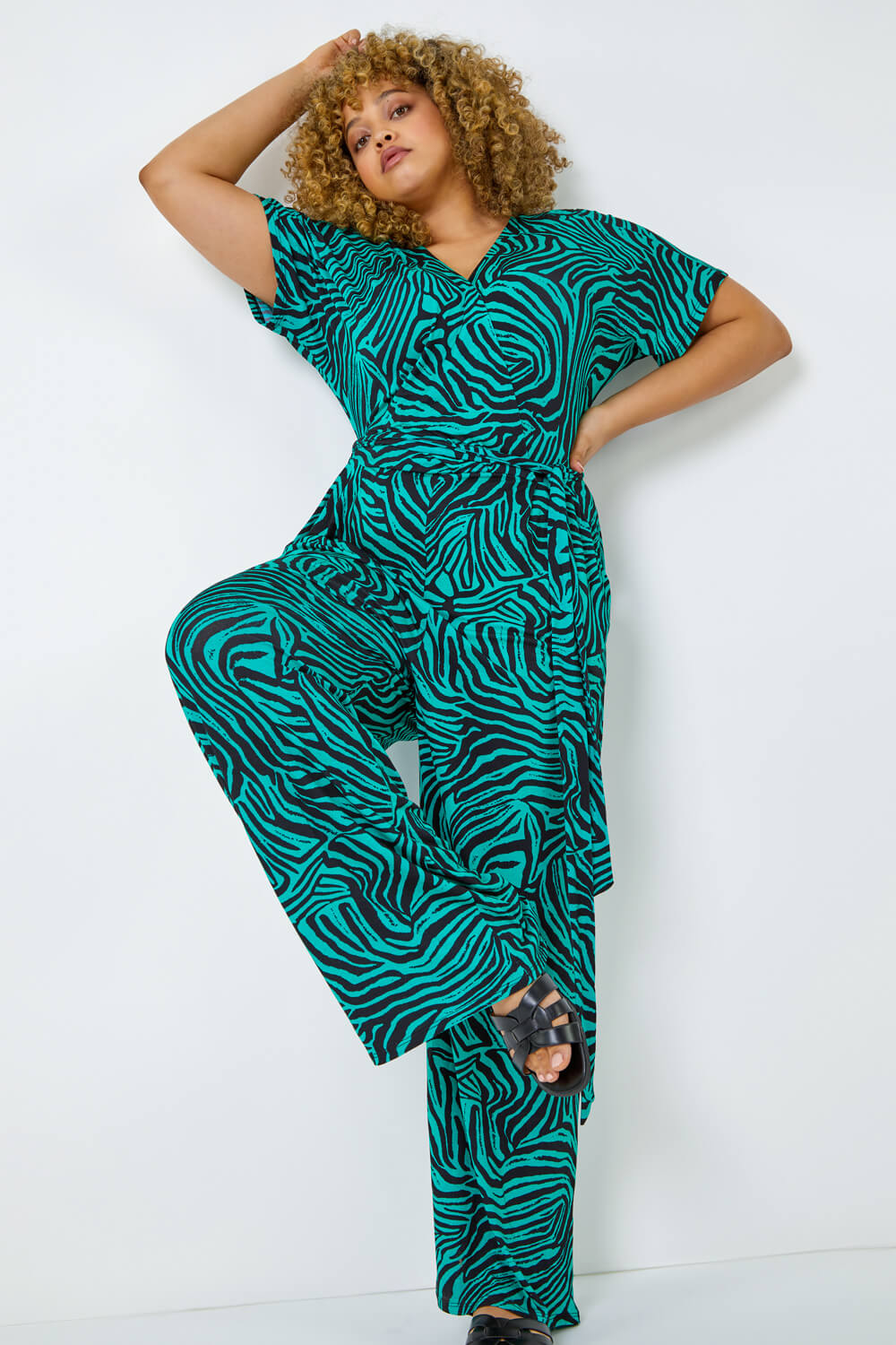 Green Curve Animal Print Stretch Jumpsuit, Image 4 of 5