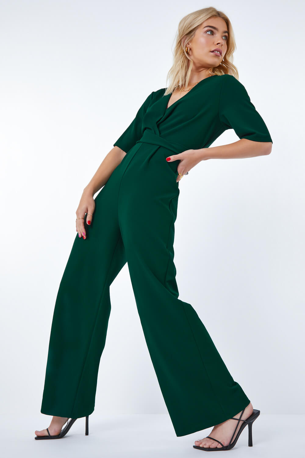 Green Wrap Midi Stretch Jumpsuit, Image 2 of 5