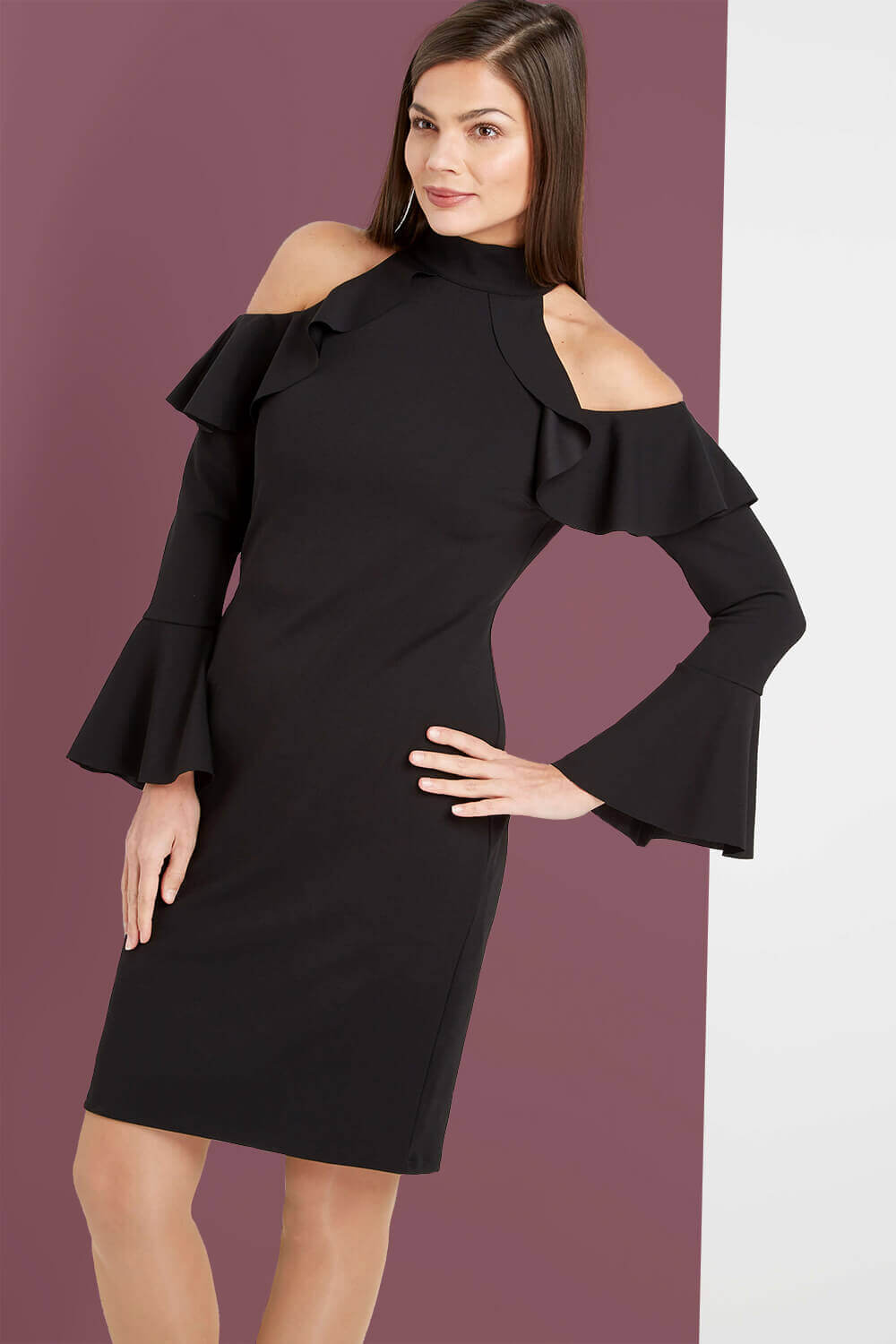 Cold Shoulder Ruffle Trim Dress in BLACK - Roman Originals UK