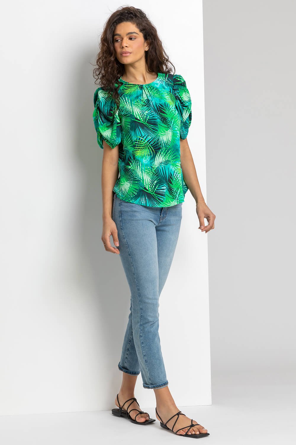 Green Tropical Print Puff Sleeve Top, Image 3 of 4