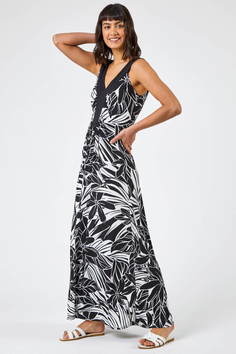 Black Floral Print Contrast Band Maxi Dress, Image 3 of 5