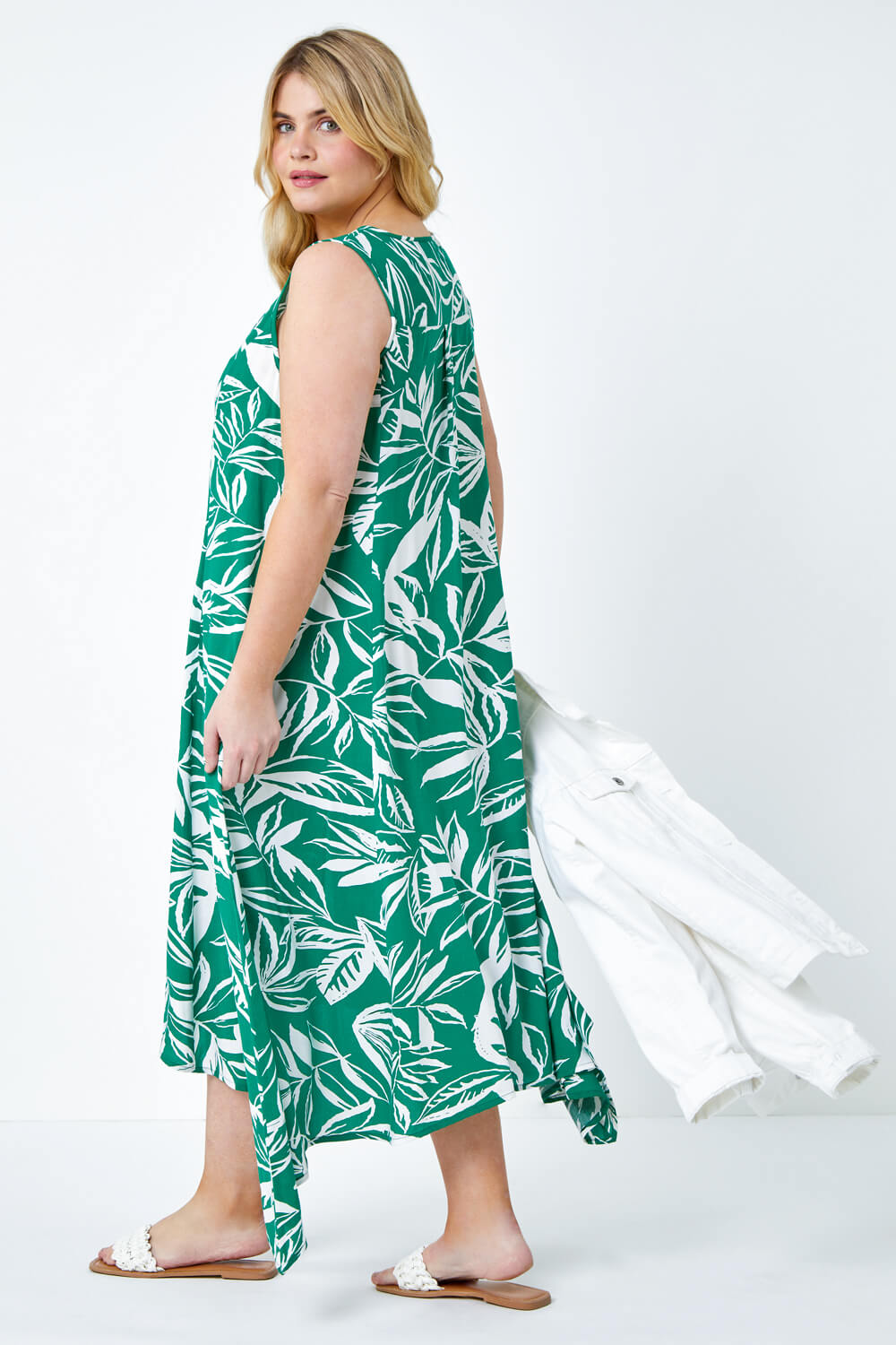 Green Curve Leaf Print Midi Dress, Image 3 of 5