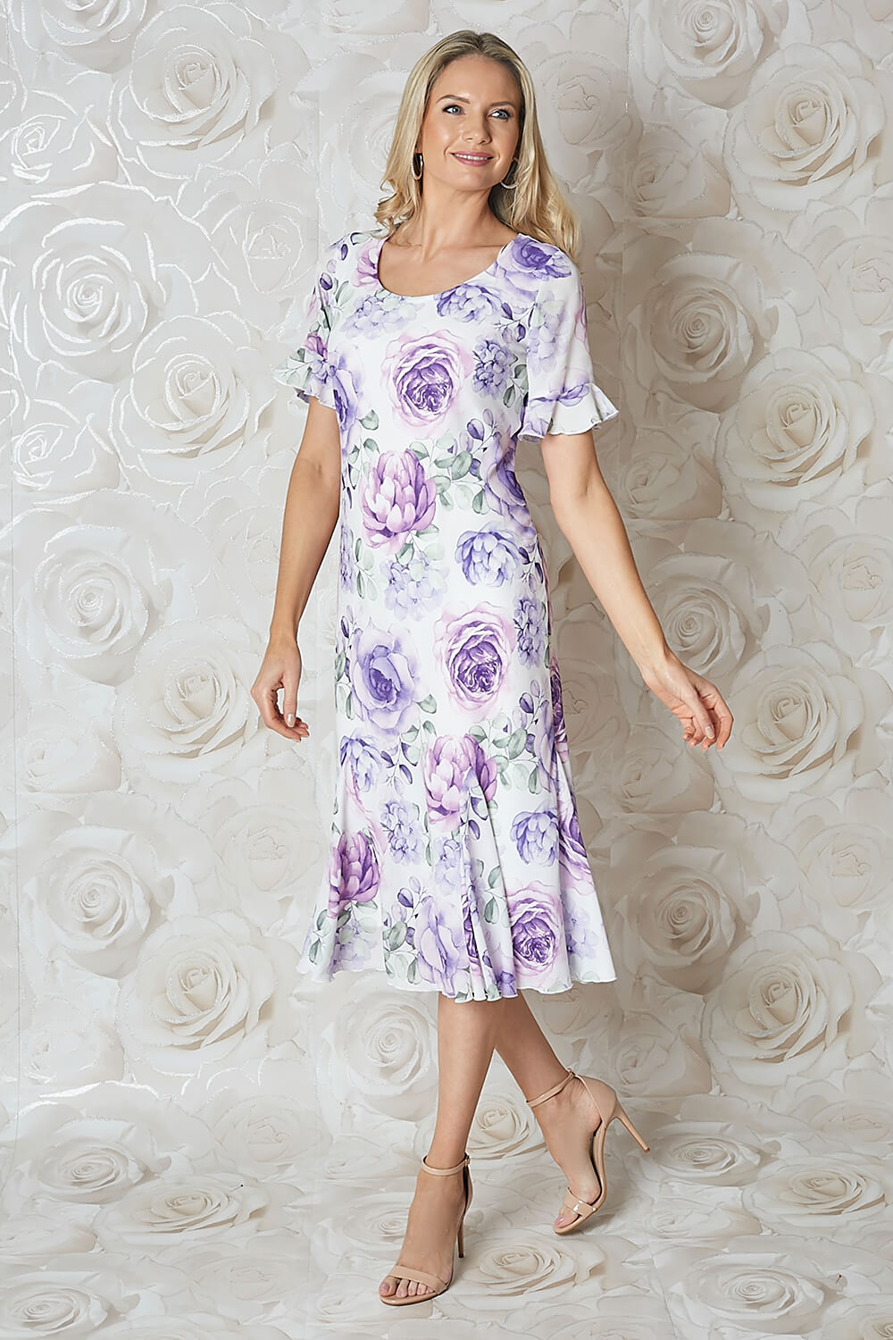Lilac Floral Print Bias Cut Midi Dress | Roman UK