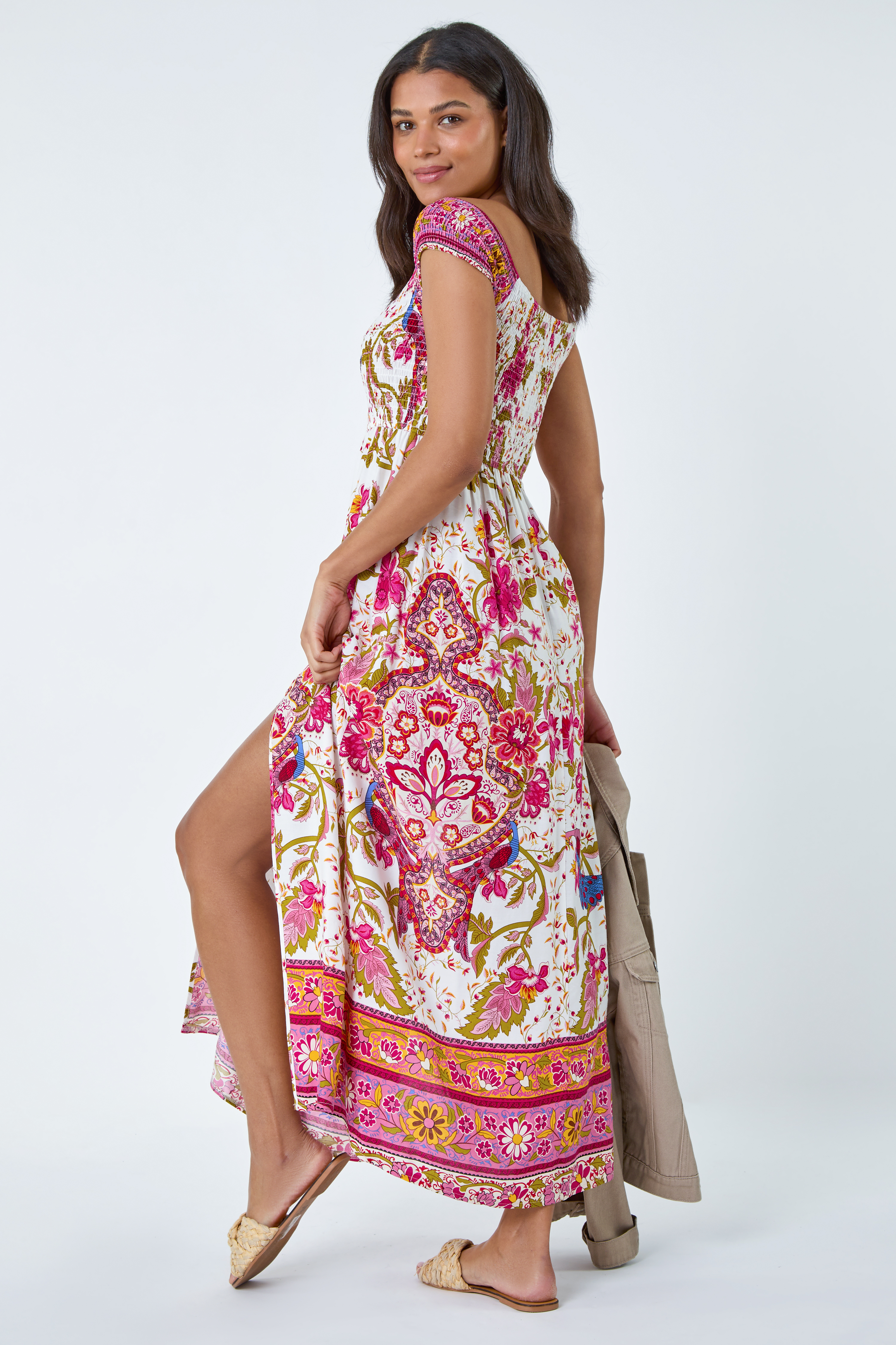 Fuchsia Paisley Shirred Bardot Maxi Dress, Image 3 of 5