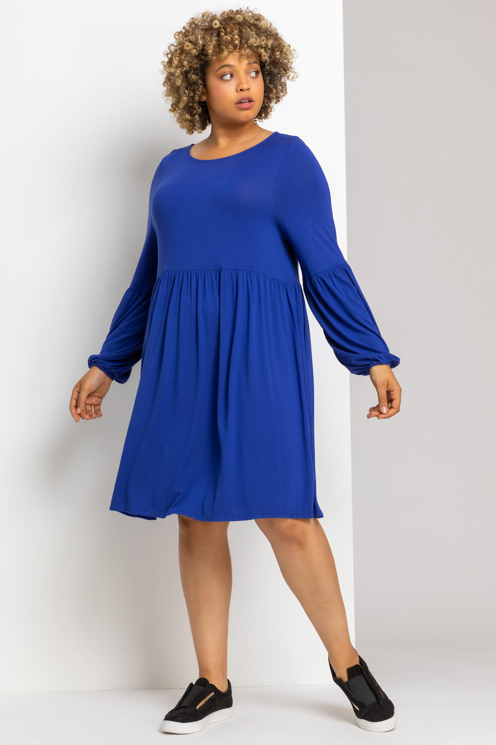 Royal Blue Curve Plain Tunic Dress, Image 3 of 4