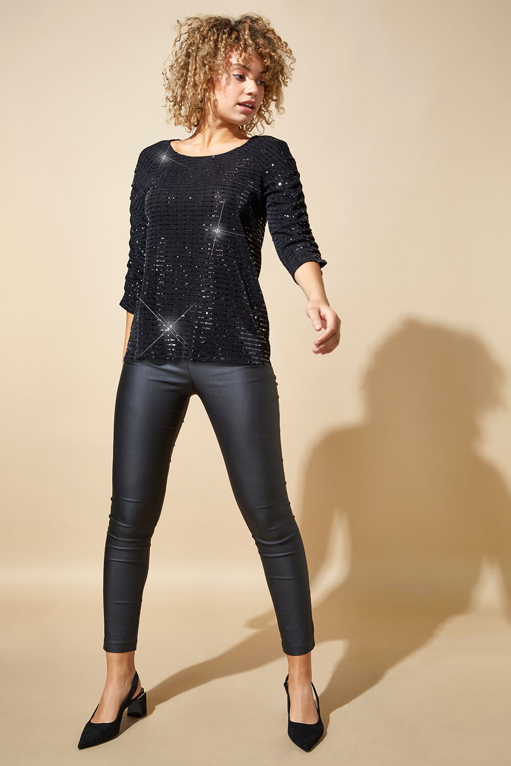 Black Shimmer Pleated Sleeve Top, Image 2 of 4
