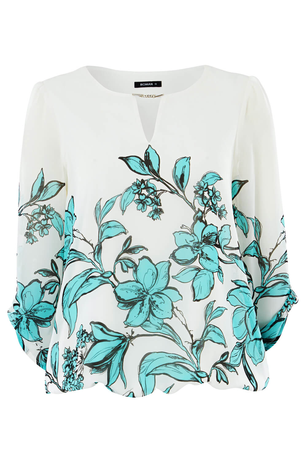Turquoise Floral Border Print Top, Image 4 of 4
