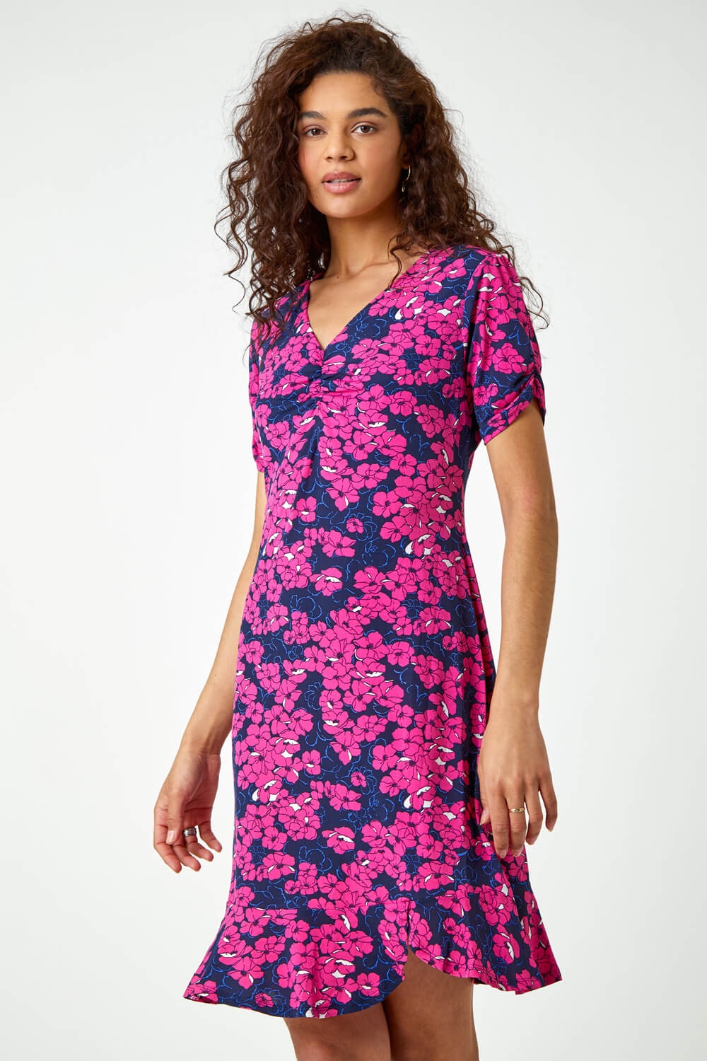 Fuchsia Floral Print Stretch Jersey Tea Dress, Image 2 of 6