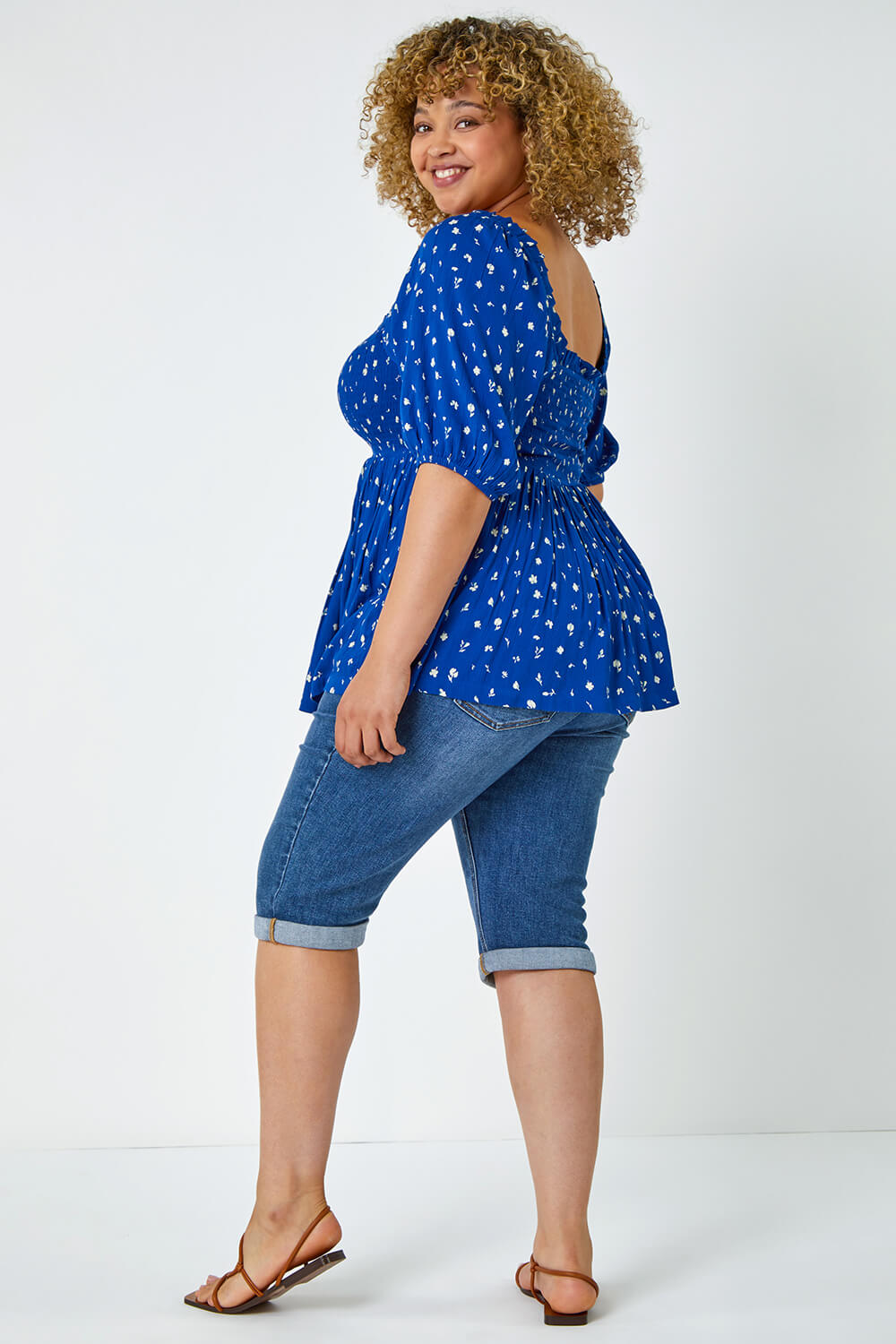 Blue Curve Ditsy Floral Shirred Stretch Top, Image 3 of 5