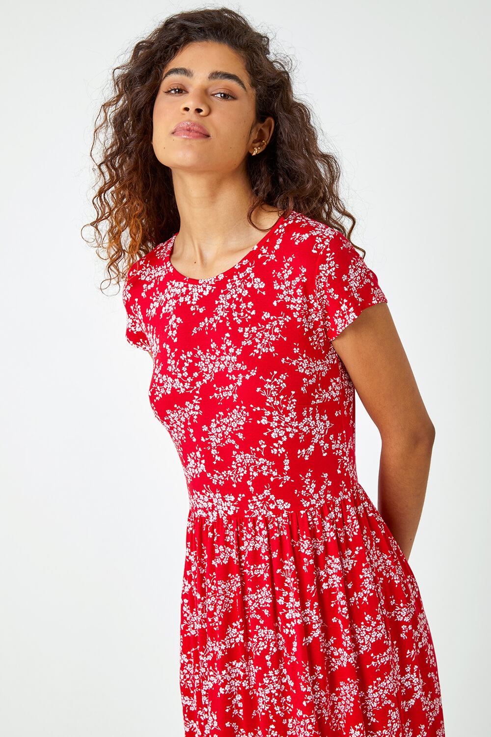 Red Ditsy Gathered Skirt Stretch Midi Dress, Image 4 of 5