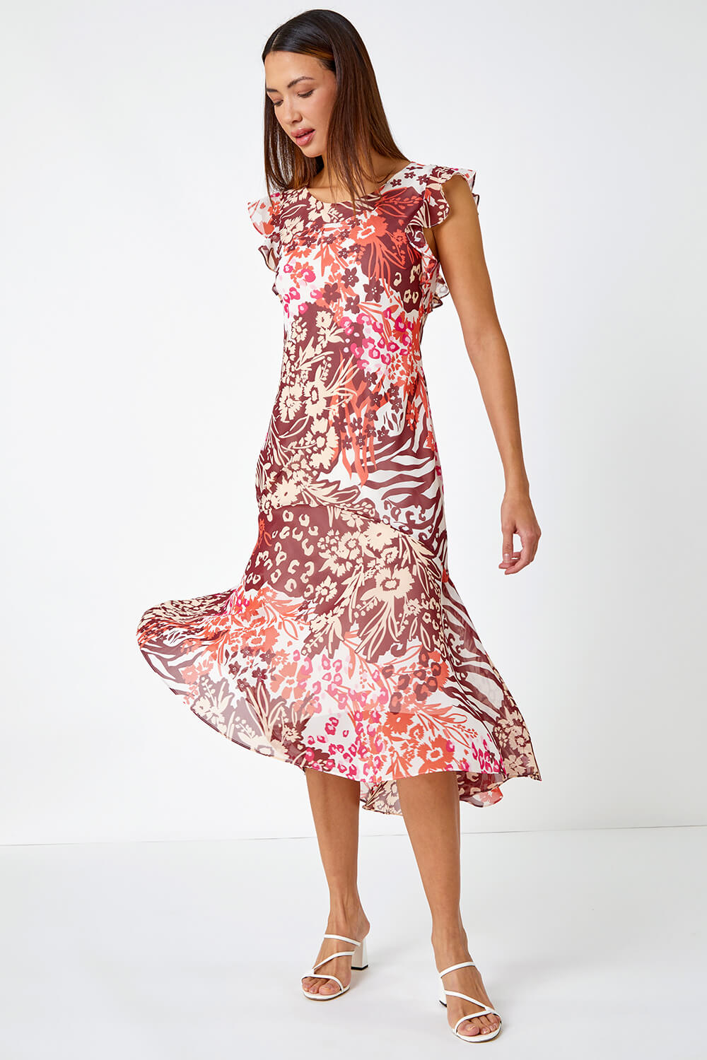 PINK Floral Print Frill Detail Midi Dress, Image 3 of 5