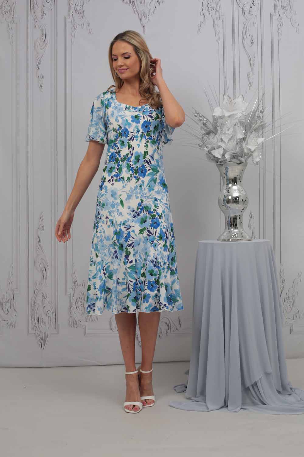 Royal Blue Julianna Floral Print Bias Cut Dress, Image 3 of 3