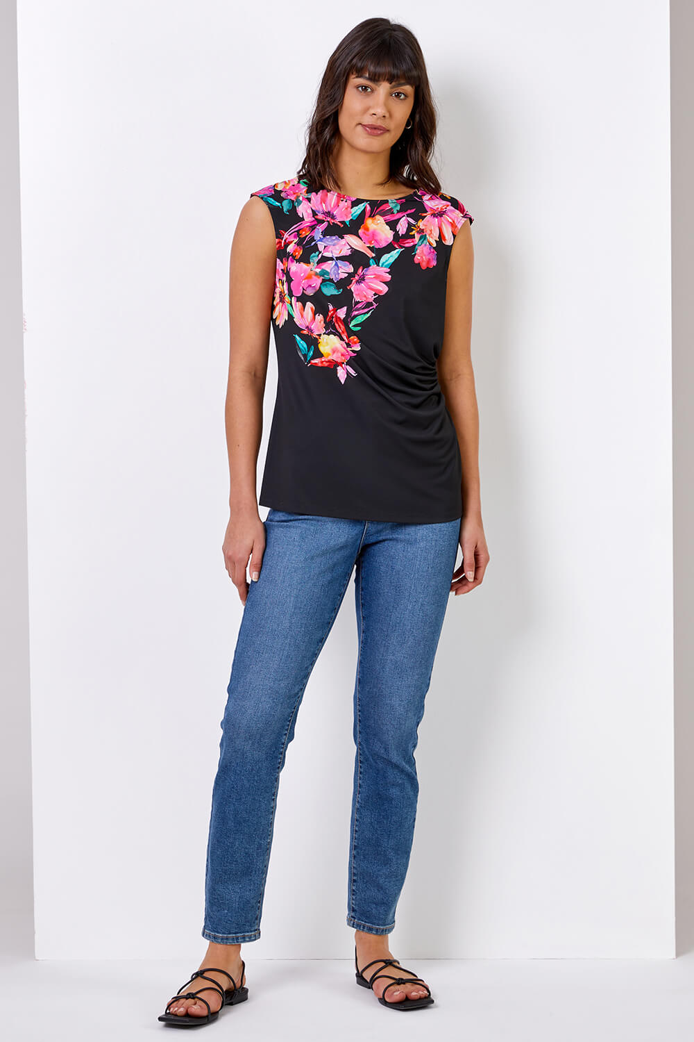 Black Floral Border Print Luxe Stretch Top, Image 2 of 4