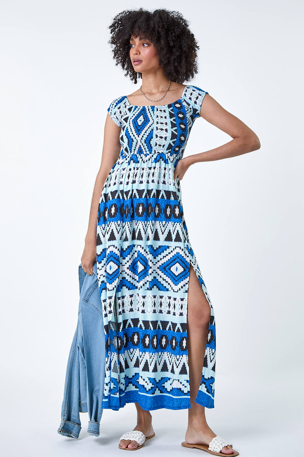 Blue Aztec Shirred Bardot Maxi Dress, Image 2 of 5