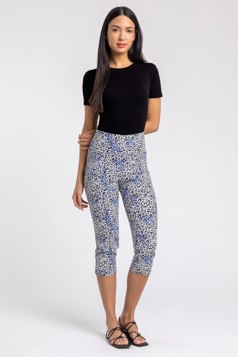Blue Leopard Print Cropped Stretch Trouser, Image 2 of 4