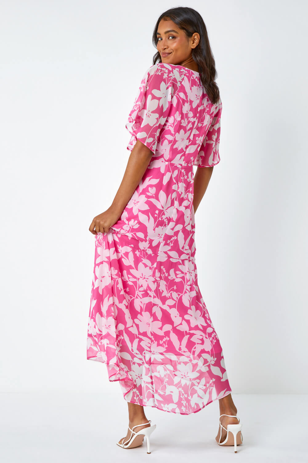 PINK Floral Frill Detail Chiffon Midi Dress, Image 3 of 5