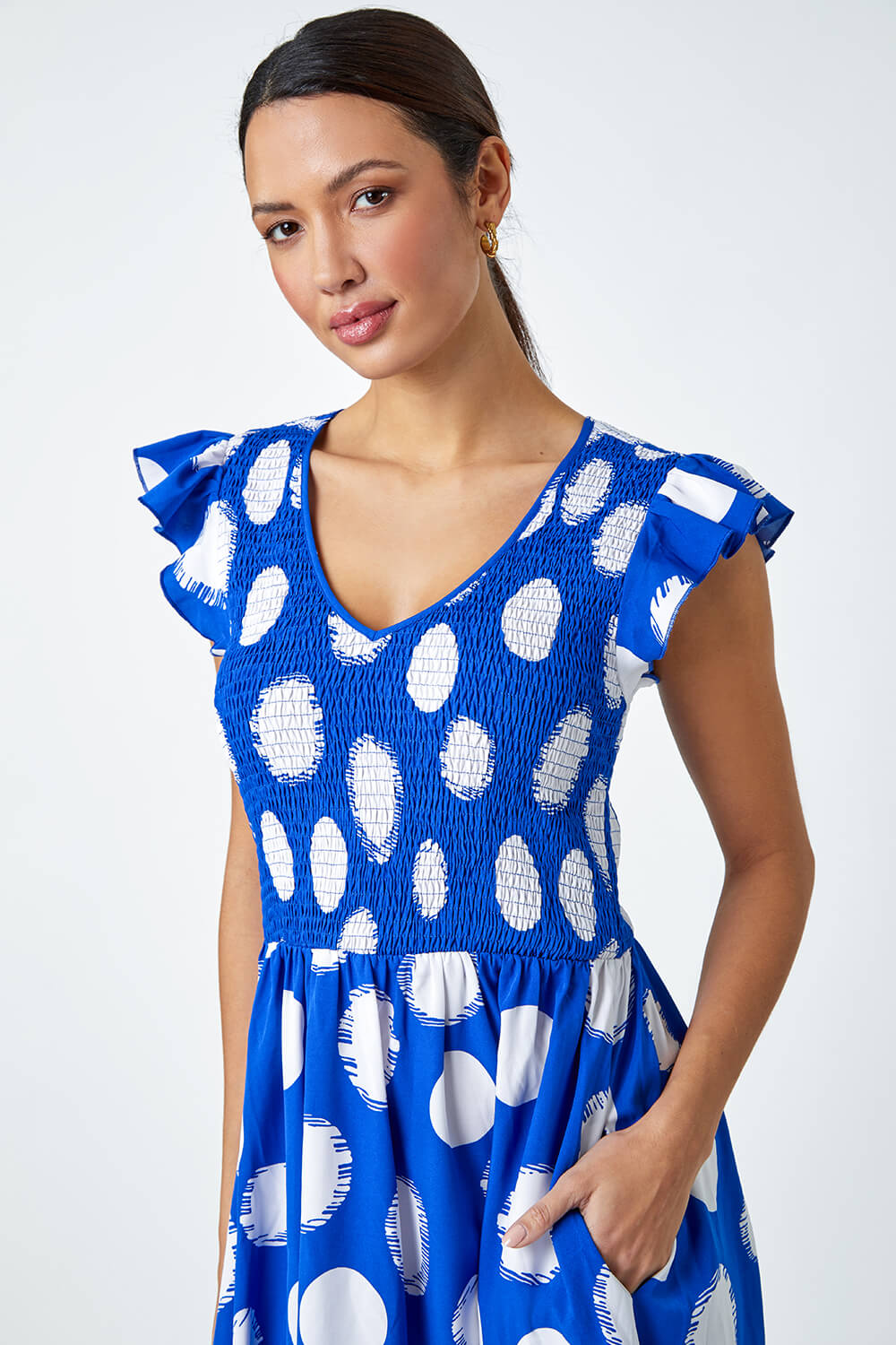 Royal Blue Polka Dot Shirred Stretch Midi Dress, Image 4 of 5