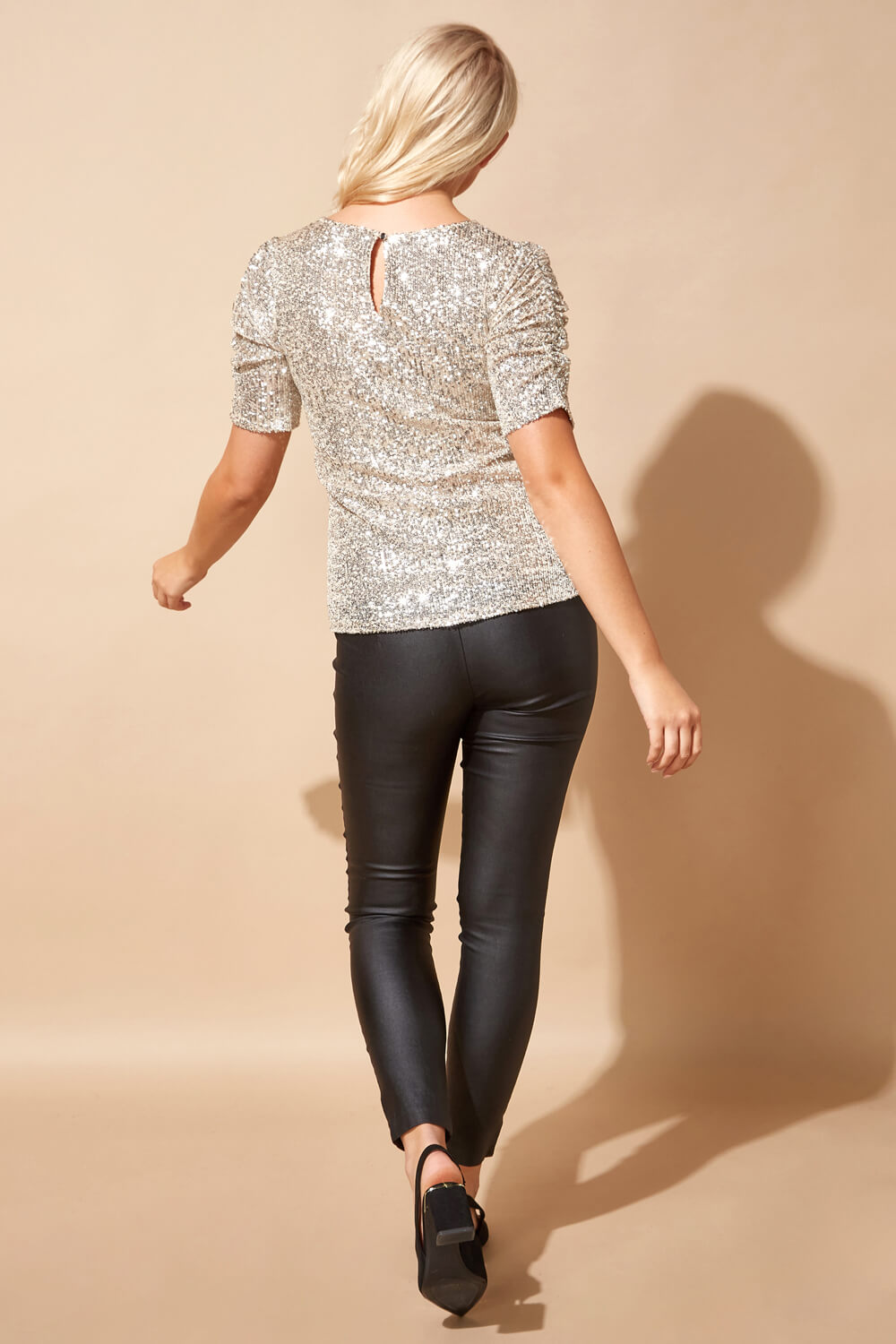 Neutral Sequin Ruched Sleeve T-Shirt, Image 3 of 4