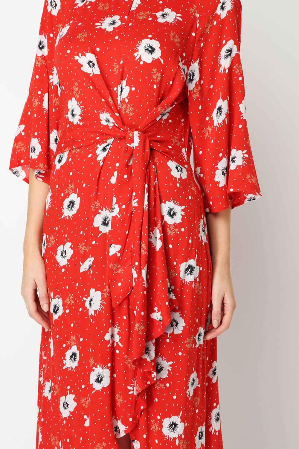 Red Floral Knot Waist Maxi Dress, Image 3 of 5