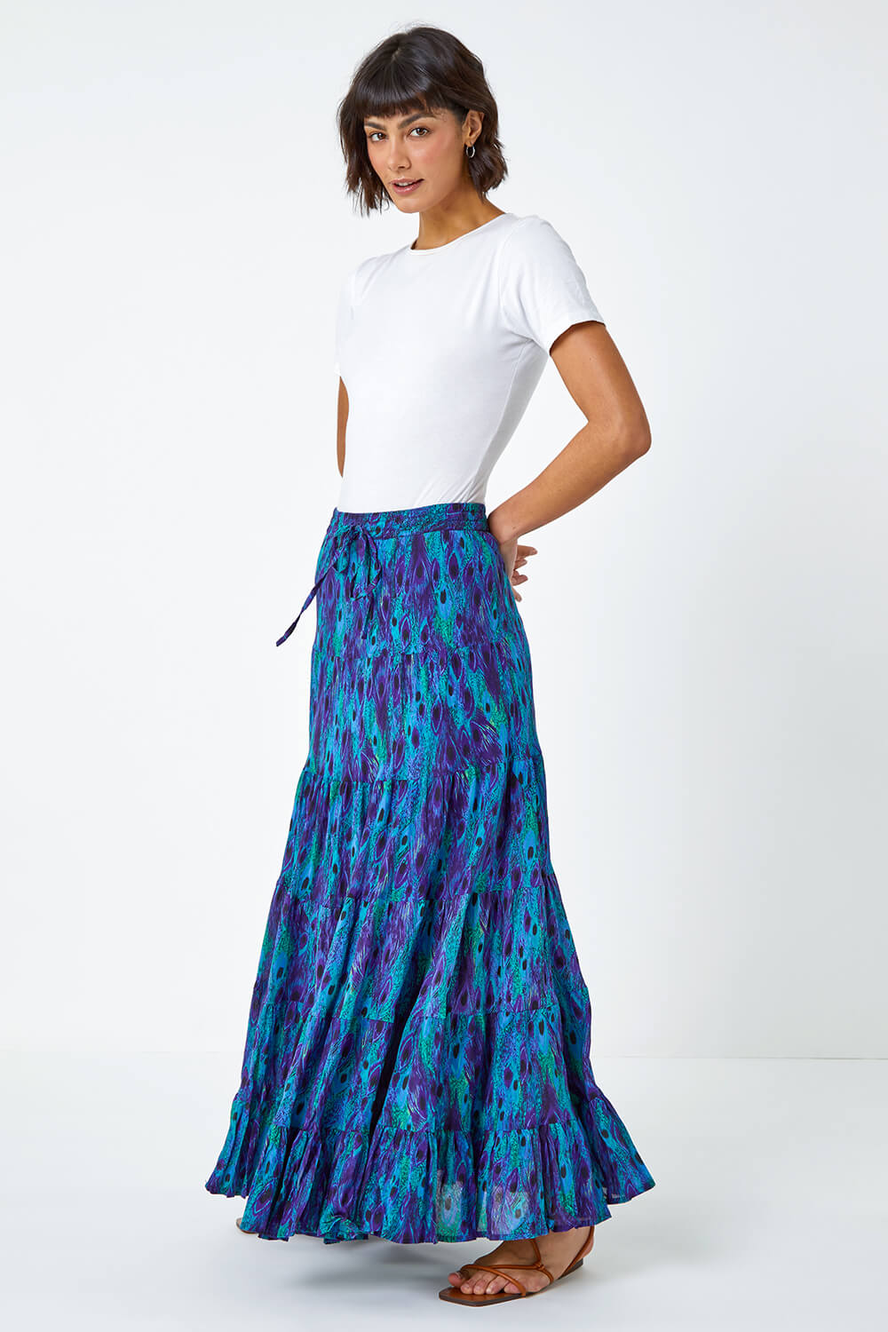 Blue Feather Print Tiered Cotton Maxi Skirt, Image 3 of 6