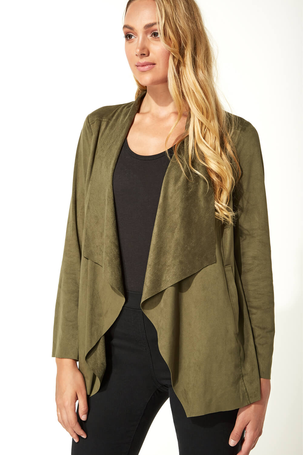 Dark Green Faux Suede Waterfall Front Jacket, Image 4 of 5